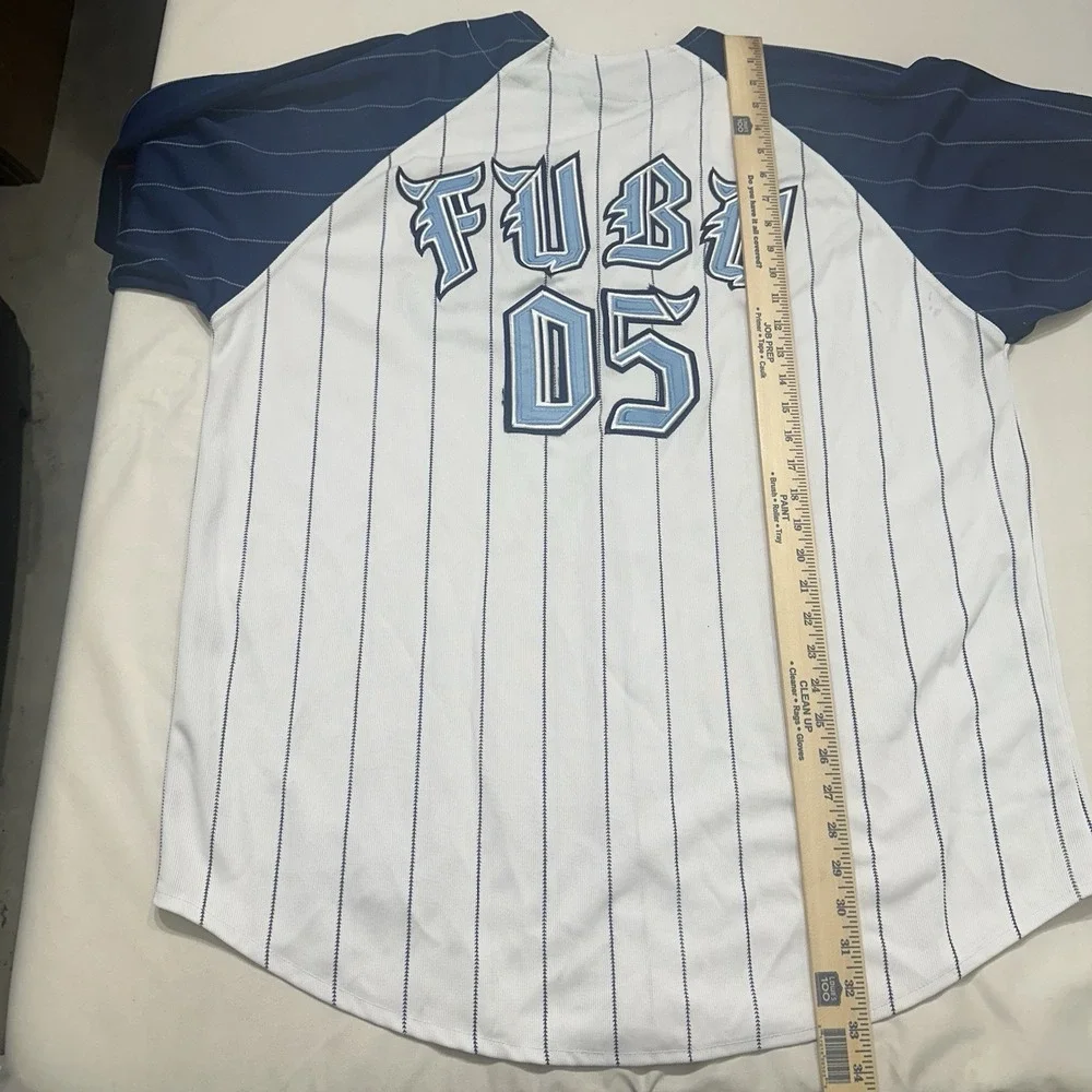 FUBU‎ Baseball Jersey XL White Pinstripe Y2K Button Front Hip Hop 2000s